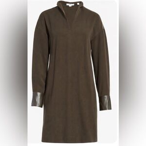 Vince Stand Collar Faux Leather Trim Long Sleeve Dress Sz XS (missing belt)